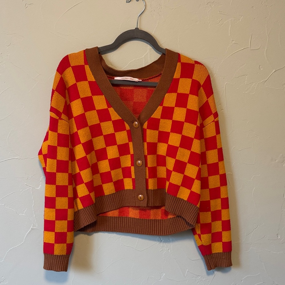 Lisa Says Gah Red and Orange Checkered Cardigan
